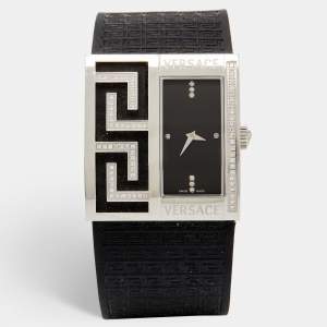 Pre Owned Versace Black Diamonds Stainless Steel Leather  V-Greca 64Q Women's Wristwatch 36 mm
