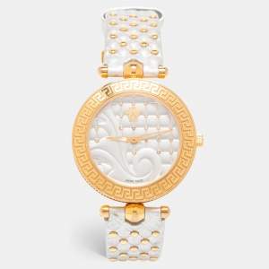 Versace Silver Rose Gold Plated Stainless Steel Leather Vanitas VK7 Women's Wristwatch 40 mm 