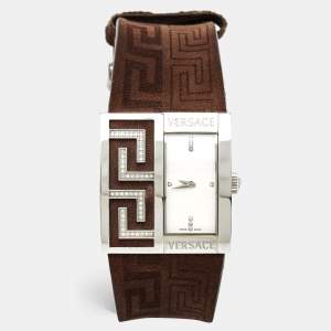 Pre Owned Versace White Stainless Steel Leather V-Greca 64Q91 Women's Wristwatch 36 mm