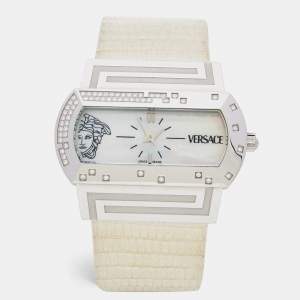 Pre Owned Versace Mother of Pearl Diamond Stainless Steel Lizard PSQ99 Women's Wristwatch 40 mm