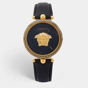 Versace Black Gold Plated Stainless Steel Leather Palazzo VCO Women's Wristwatch 39 mm