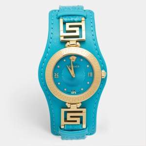 Versace Aqua Blue Rose Gold Plated Stainless Steel Leather V Signature VLA080014 Women's Wristwatch 35 mm