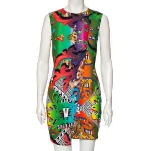 Versus Versace Rainbow Baroque Print Crepe Sleeveless Short Dress M