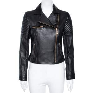 Versus Versace Black Leather & Denim Paneled Biker Jacket M