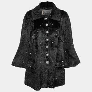 Versus Versace Vintage Black Rhinestone-Embellished Faux Fur Coat S