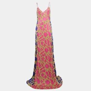 Pre Owned Vetements Pink/Blue Chain Print Jersey Strappy Maxi Dress L