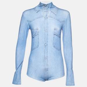 Vetements Blue Denim Print Cotton Long Sleeve Bodysuit S 