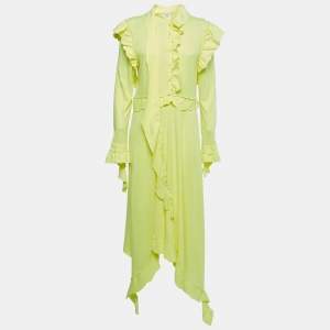 Pre Owned Vetements Neon Yellow Cotton Knit Full Sleeve Ruffled Asymmetrical Midi Dress M