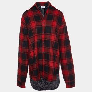 Pre Owned Vetements Red & Black Plaided Wool Blend Button Front Mid Length Coat M