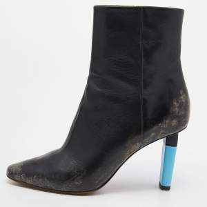 Pre Owned Vetements Black Leather Gypsy Blue Highlighter Heel Ankle Boots Size 39