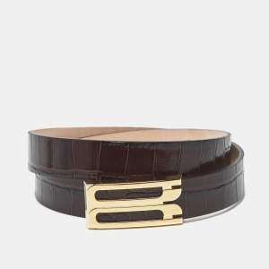 Pre Owned Victoria Beckham Brown Croc Embossed Leather Dorian Belt 70 CM