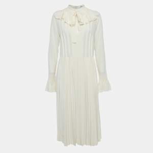 Pre Owned Victoria Beckham Vanilla Cream Pleated Silk Tea Dress S