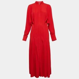 Pre Owned Victoria Beckham Red Sateen Pleated Button Front Maxi Dress M