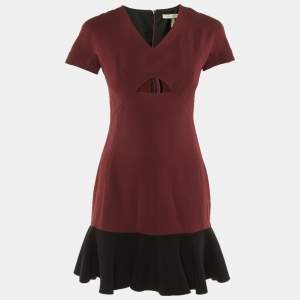 Pre Owned Victoria Beckham Burgundy/Black Silk & Wool Flounced Hem Mini Dress S 