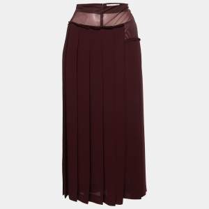 Pre Owned Victoria Beckham Burgundy Crepe Paneled Pleated Midi Skirt S