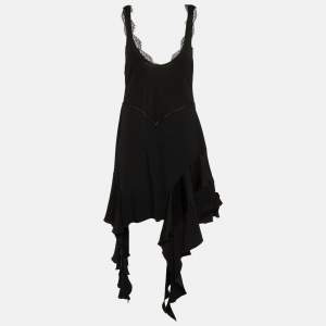 Victoria Beckham Black Lace Trim Sateen Dropped Ruffle Mini Dress L