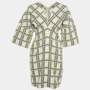 Pre Owned Victoria Beckham White Checked Canvas Plunge V-Neck Mini Dress M