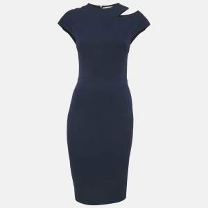 Victoria Beckham Navy Blue Silk Blend Cut-Out Shoulder Sheath Dress S