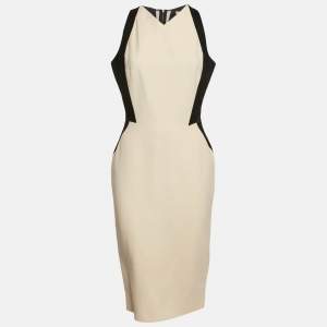 Victoria Beckham Cream and Black Silk and Wool Panel Detail Sleeveless Midi Dress M