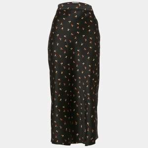 Victoria Beckham Black Floral Print Textured Satin Midi Skirt S