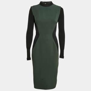 Victoria Beckham Green/Black Wool Blend Paneled Detail Bodycon Dress M