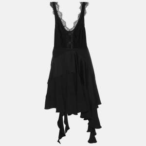 Pre Owned Victoria Beckham Black Crepe Ruffle Lace-Trim Mini Dress S