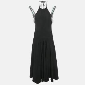 Pre Owned Victoria Beckham Black Knit Lace Trimmed Midi Dress M
