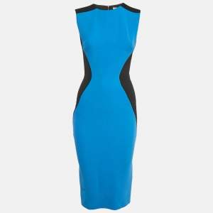 Pre Owned Victoria Beckham Blue Silk & Wool Contrast Detail Midi Dress M