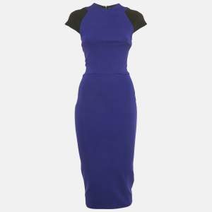 Pre Owned Victoria Beckham Navy Blue & Black Jersey Sheath Dress S