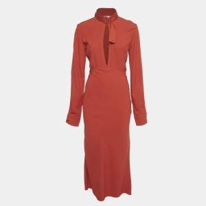 Pre Owned Victoria Beckham Red Crepe Plunge Neck Tie Detail Maxi Dress S 