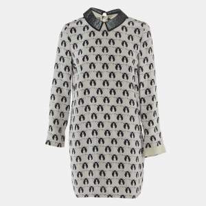 Pre Owned Victoria Beckham Grey Printed Shimmer Detachable Collar Silk Dress M