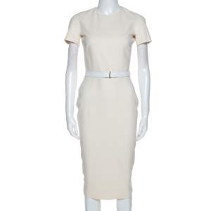 Pre Owned Victoria Beckham Cream Silk Wool Blend Belted Sheath Dress S