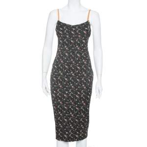 Pre Owned Victoria Beckham Black Floral Print Textured Leather Strap Detail Sheath Dress M