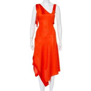 Pre Owned Victoria Beckham Orange Mesh Knit Ruffle Detail Asymmetric Hem Midi Dress S