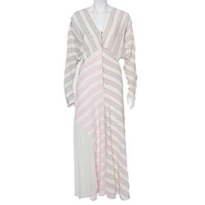 Pre Owned Victoria Beckham White Striped Silk & Chiffon Paneled Maxi Dress M