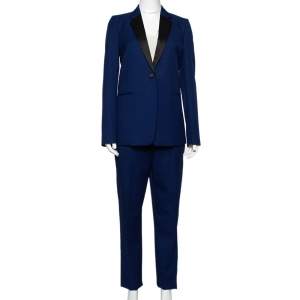 Pre Owned Victoria Beckham Navy Blue Striped Wool Contrast Trim Suit M 