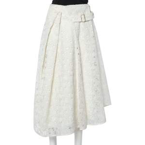 Pre Owned Victoria Beckham Off-White Floral Lace Pleated Asymmetric Hem Midi Skirt S