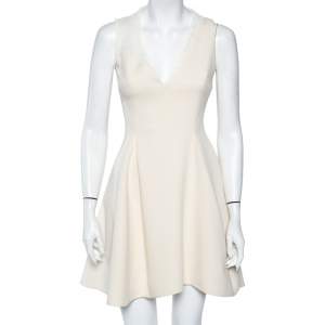 Pre Owned Victoria Beckham Cream Wool Crepe & Mesh Sleeveless Mini Dress S