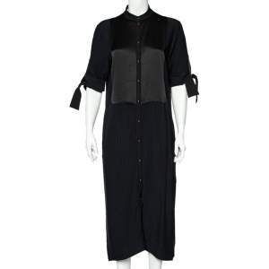 Pre Owned Victoria Victoria Beckham Black Striped Crepe Pintuck Detail Button Down Midi Dress M