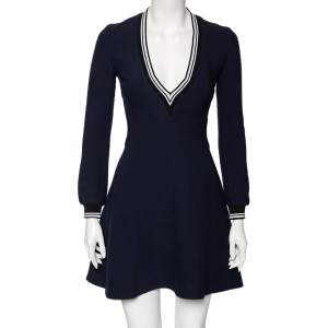 Pre Owned Victoria Beckham Navy Blue Wool V-Neck Mini Dress S 