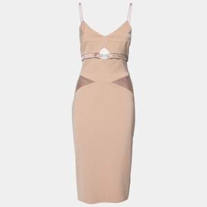 Pre Owned Victoria Beckham Nude Knit Satin Trimmed Cut-Out Detailed Bodycon Dress L