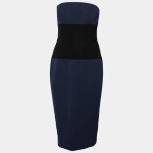 Pre Owned Victoria Beckham Navy Blue & Black Paneled Silk & Wool Strapless Dress L