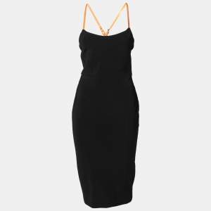 Pre Owned Victoria Beckham Black Stretch Knit Leather Strap Detail Dress M