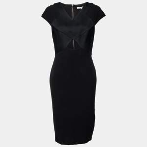 Pre Owned Victoria Beckham Black Textured Wool & Silk Cut-Out Detail Dress M