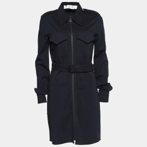 Victoria Victoria Beckham Navy Blue Cady Belted Zip Front Coat S