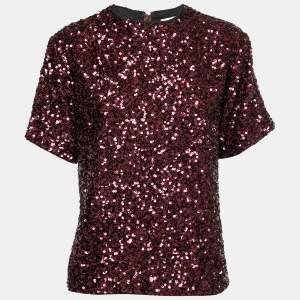 Pre Owned Victoria Beckham Burgundy Sequin Crew Neck Top S