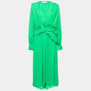 Pre Owned Victoria Beckham Green Floral-Applique Georgette Pleated Maxi Dress S