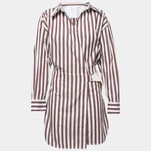 Pre Owned Victoria Beckham Brown Striped Cotton Wrap Shirt Dress S