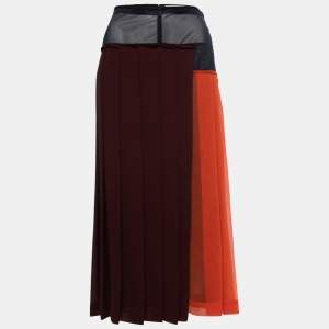 Victoria Beckham Burgundy Colorblock Paneled Chiffon Pleated Midi Skirt M