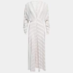Pre Owned Victoria Beckham White Striped Silk & Chiffon Paneled Maxi Dress M